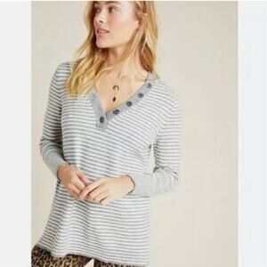 By Anthropologie Serena Striped Button V-Neck Gray Cream Knit Sweater Size Large